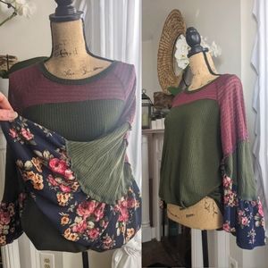 Flower Patch Bell Sleeve Thermal tunic in Olive.
